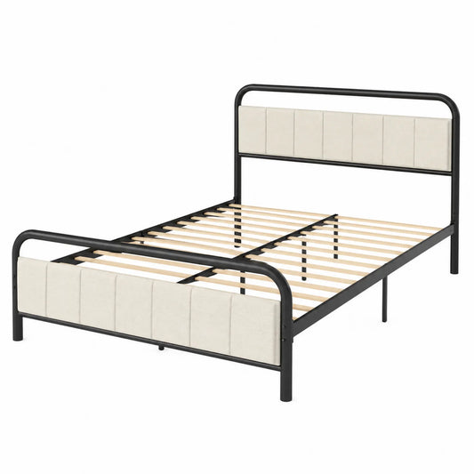 Cama de Metal con Cabecero Tapizado de Tela de Poliéster Beige 200x140 cm