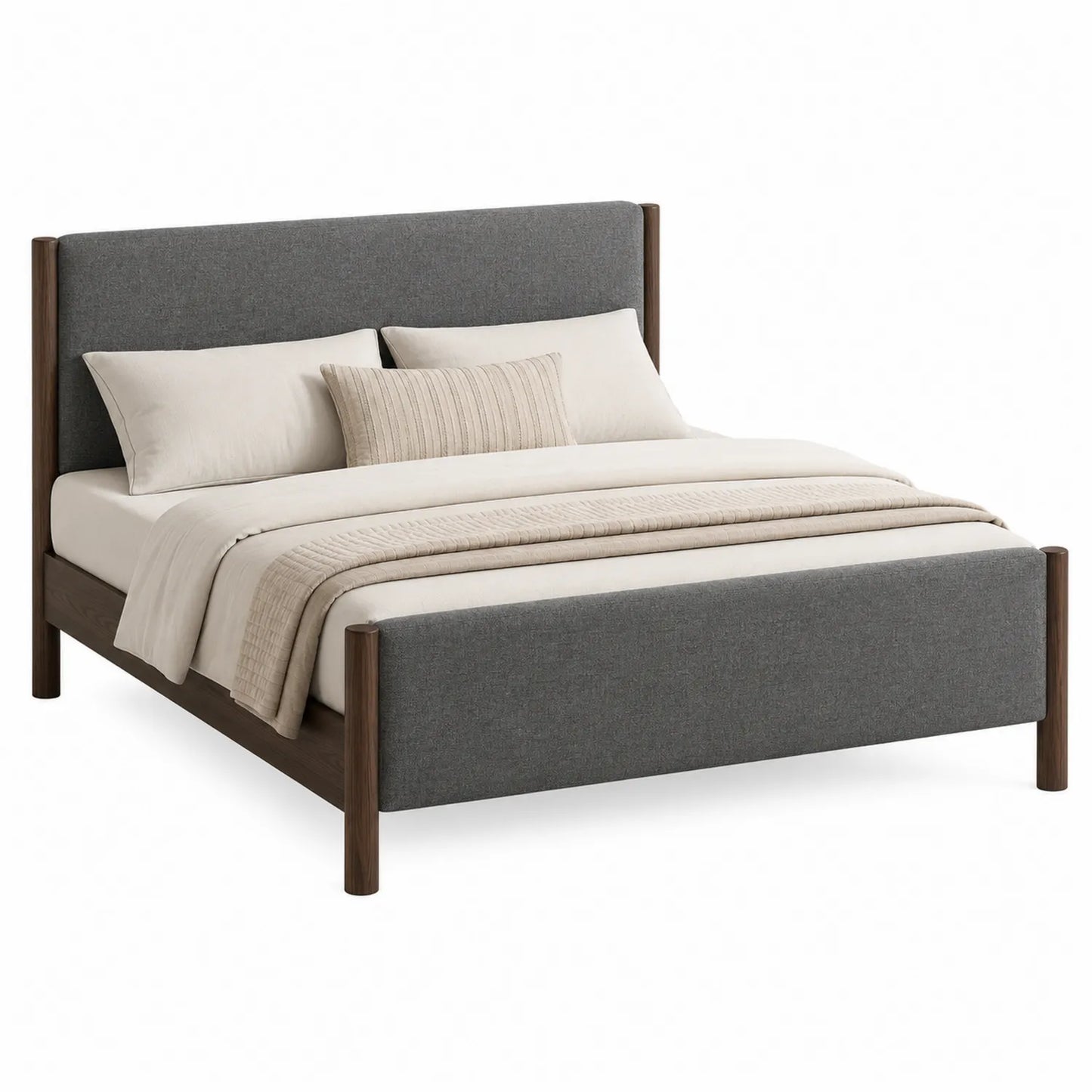 Cama de tela y madera, color Gris y Nogal, 200x160 cm