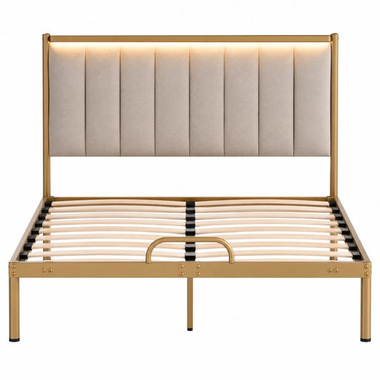 Cama doble de metal con cabecero tapizado y luces LED, 200x150 cm, Dorado/Beige