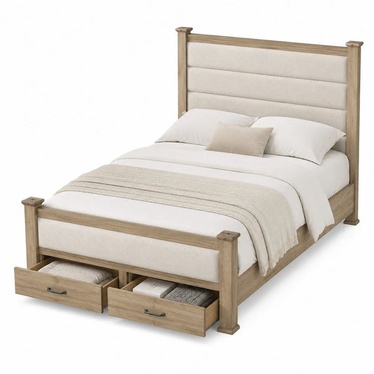 Cama doble de madera con cabecera tapizada y cajones de almacenamiento 200 cm x 160 cm Beige