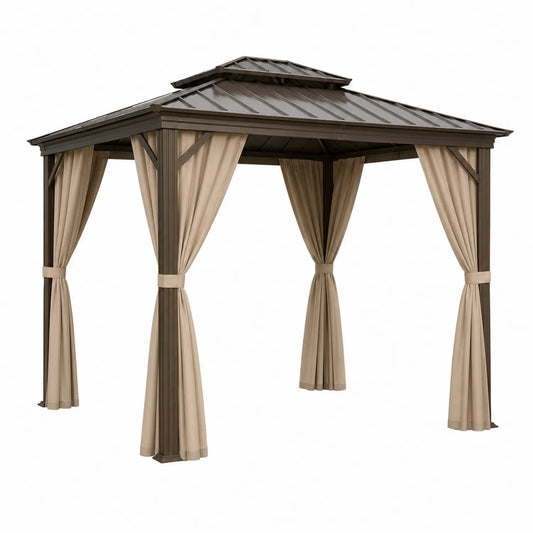 Pérgola de Aluminio con Techo Doble y Cortinas de Poliéster 3x3 m