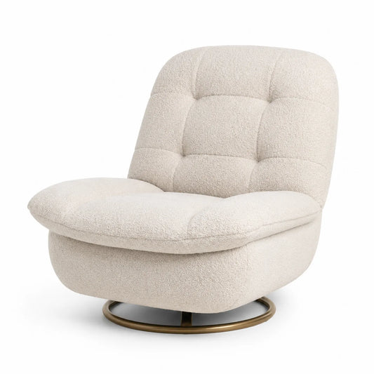 Silla giratoria de tela bouclé beige con base metálica